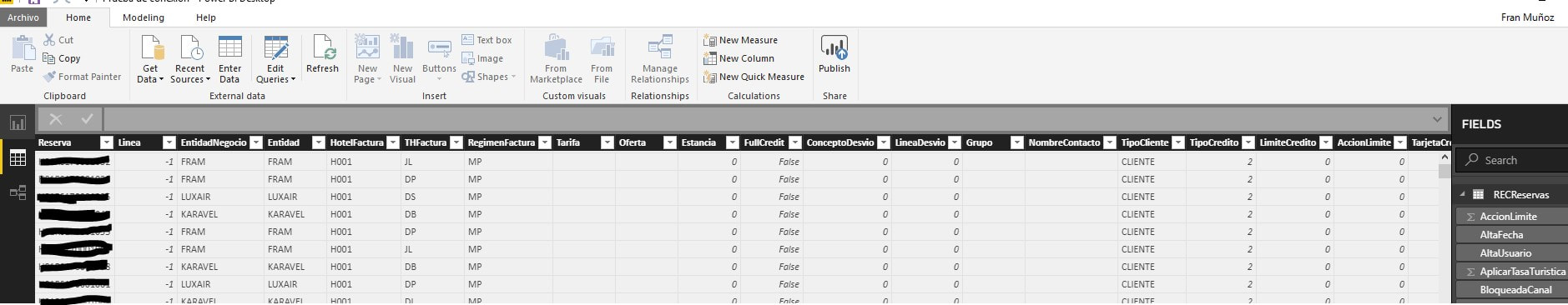 pantalla de datos power bi